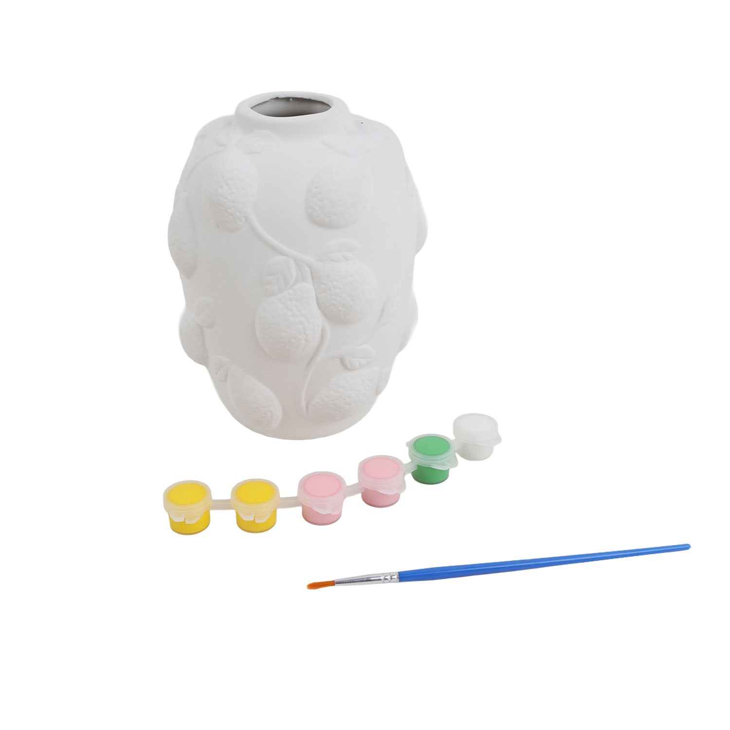 White blank ceramic vase with raised relief, paint pots, and blue paintbrush