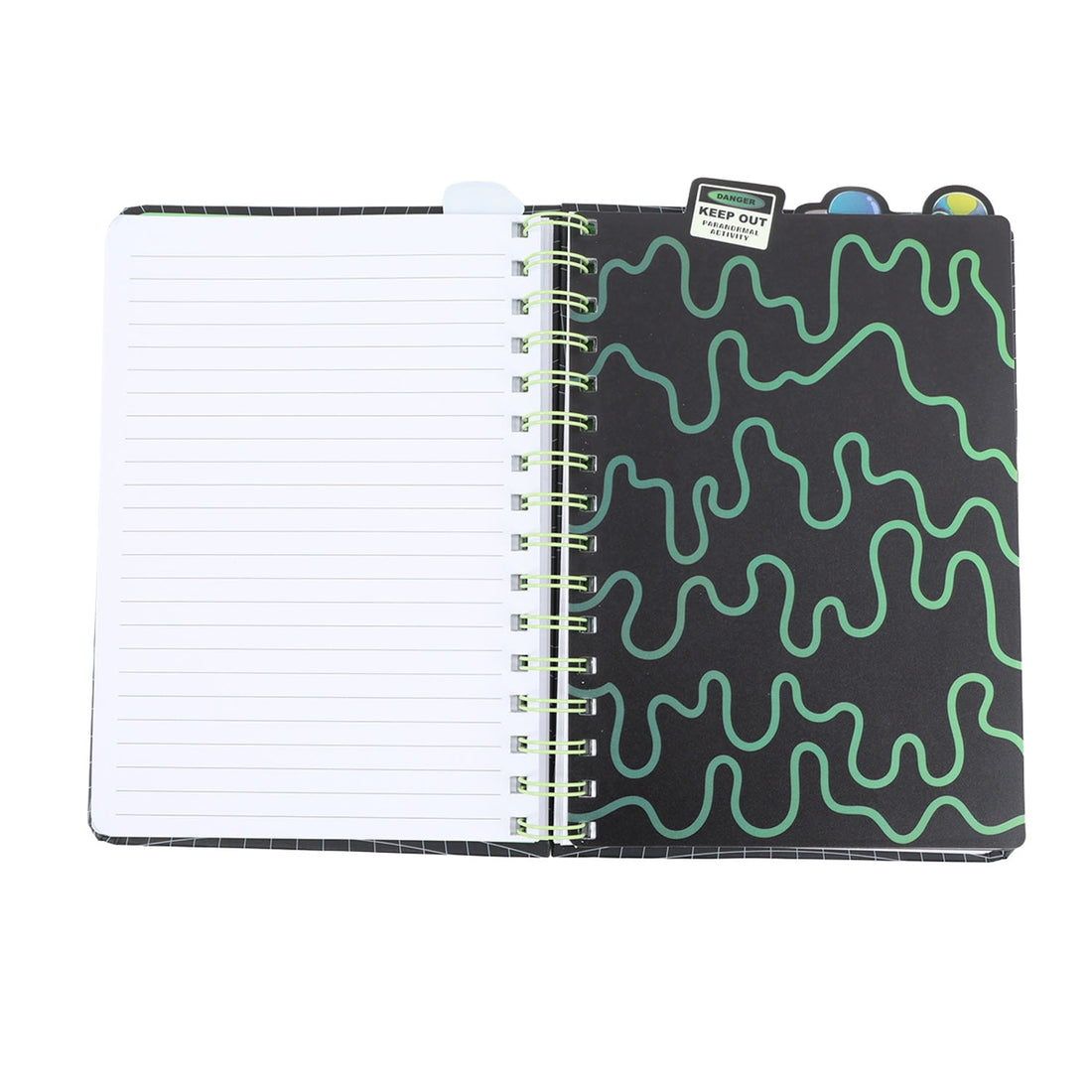 A5 spiral notebook with green squiggle print cover and white lined pages.