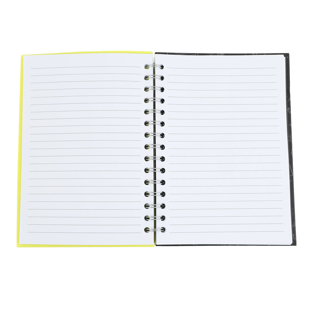 Spiral notebook with ruled pages, opened flat; yellow and dark covers with metal rings