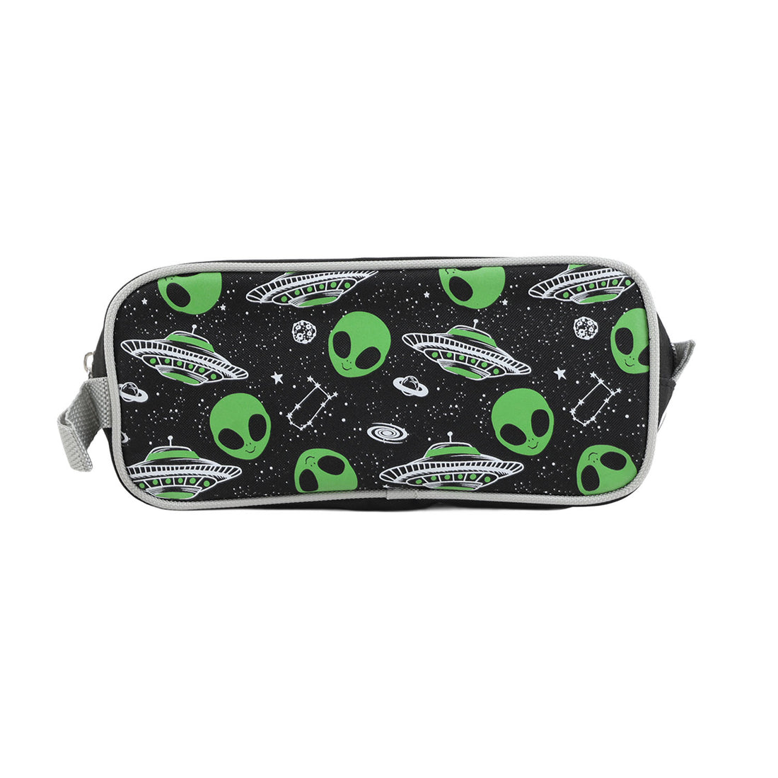 Rectangular black pencil pouch with zipper, green alien and UFO pattern