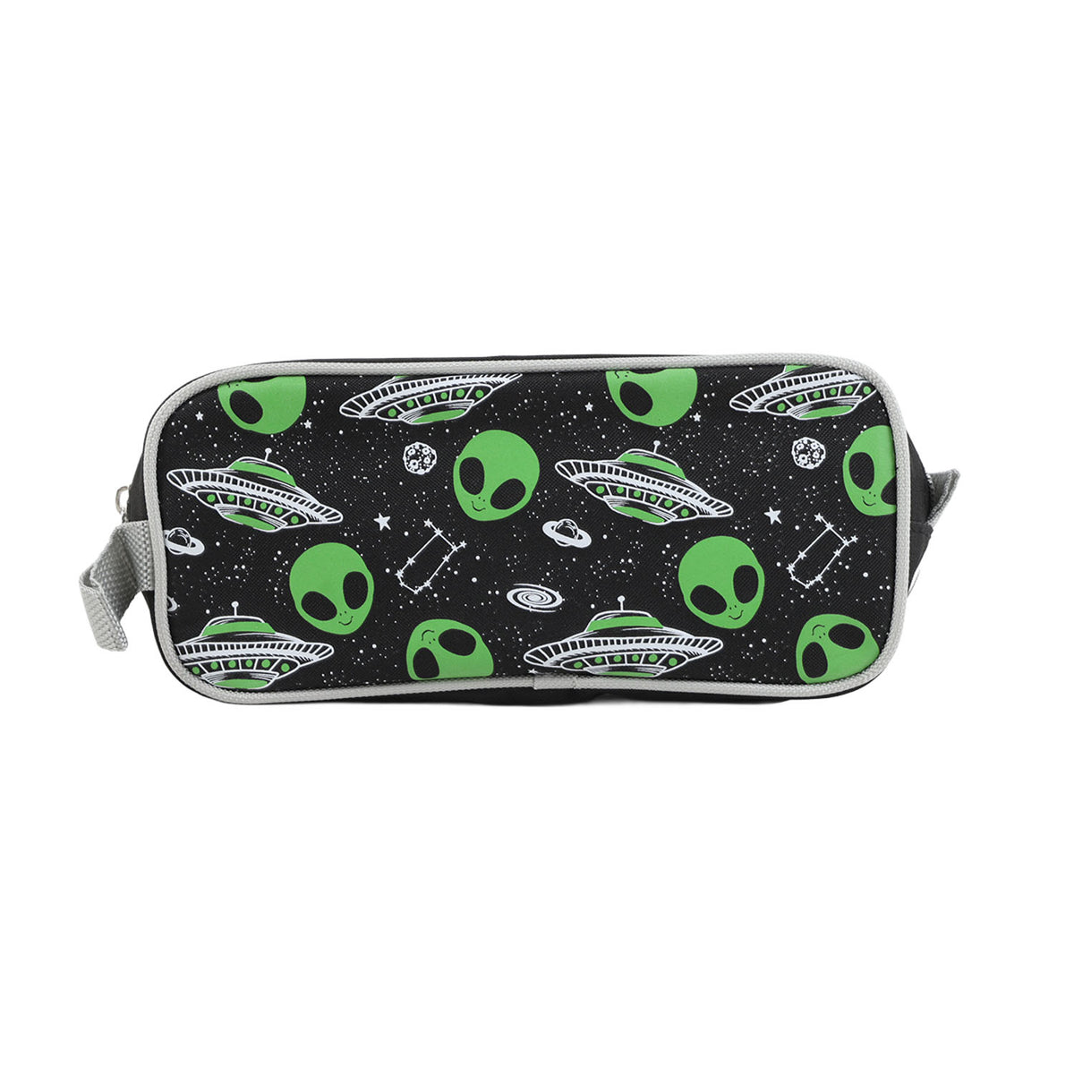 Rectangular black pencil pouch with zipper, green alien and UFO pattern