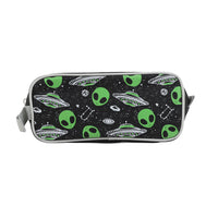 Rectangular black pencil pouch with zipper, green alien and UFO pattern