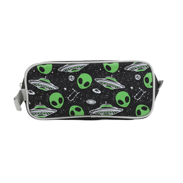 Rectangular black pencil pouch with zipper, green alien and UFO pattern