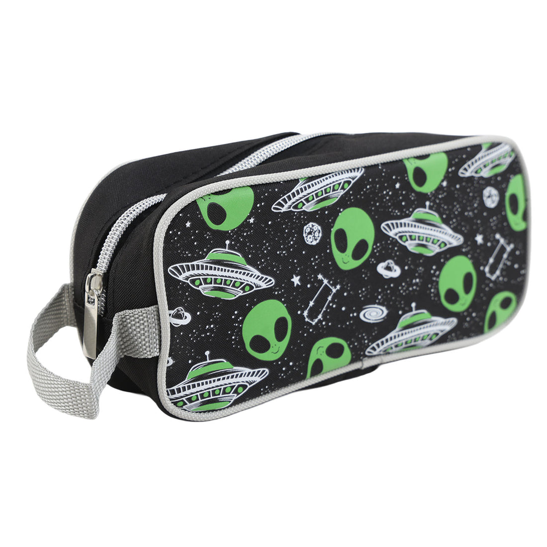 Black zip pencil pouch with gray strap and green alien/UFO print
