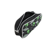Black pencil case with zip and alien, UFO, and star graphics