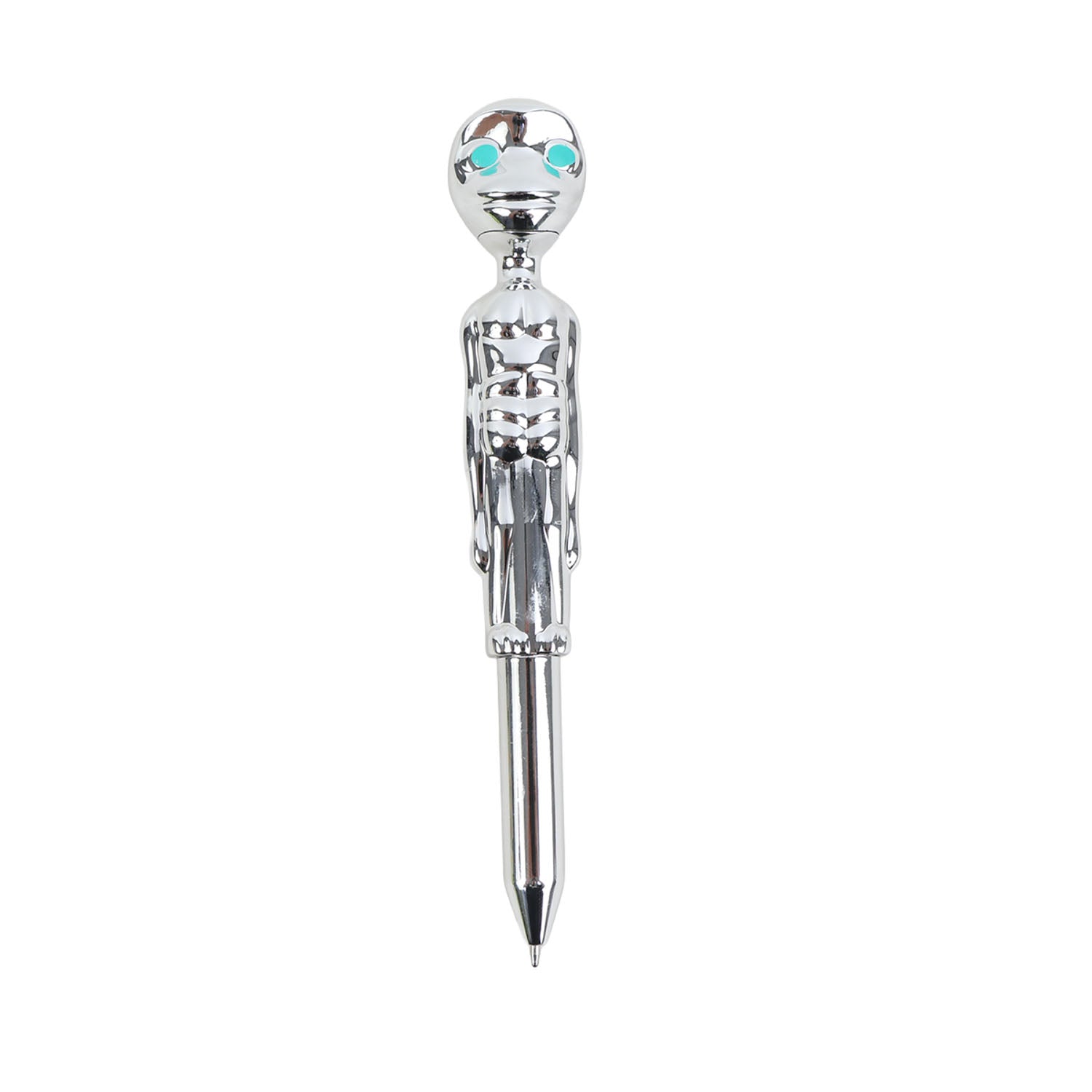 Chrome decorative ballpoint pen with teal gem top and downward writing tip