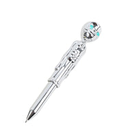 Chrome ballpoint pen with teal gem head, pointed tip, and long barrel
