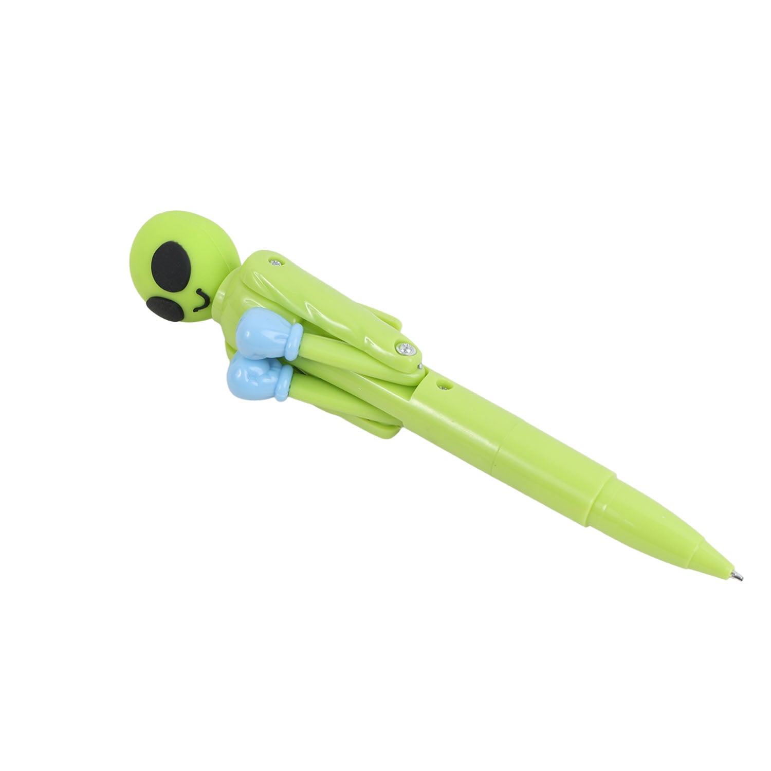 Green alien-themed ballpoint pen with blue grip accents and pointed tip