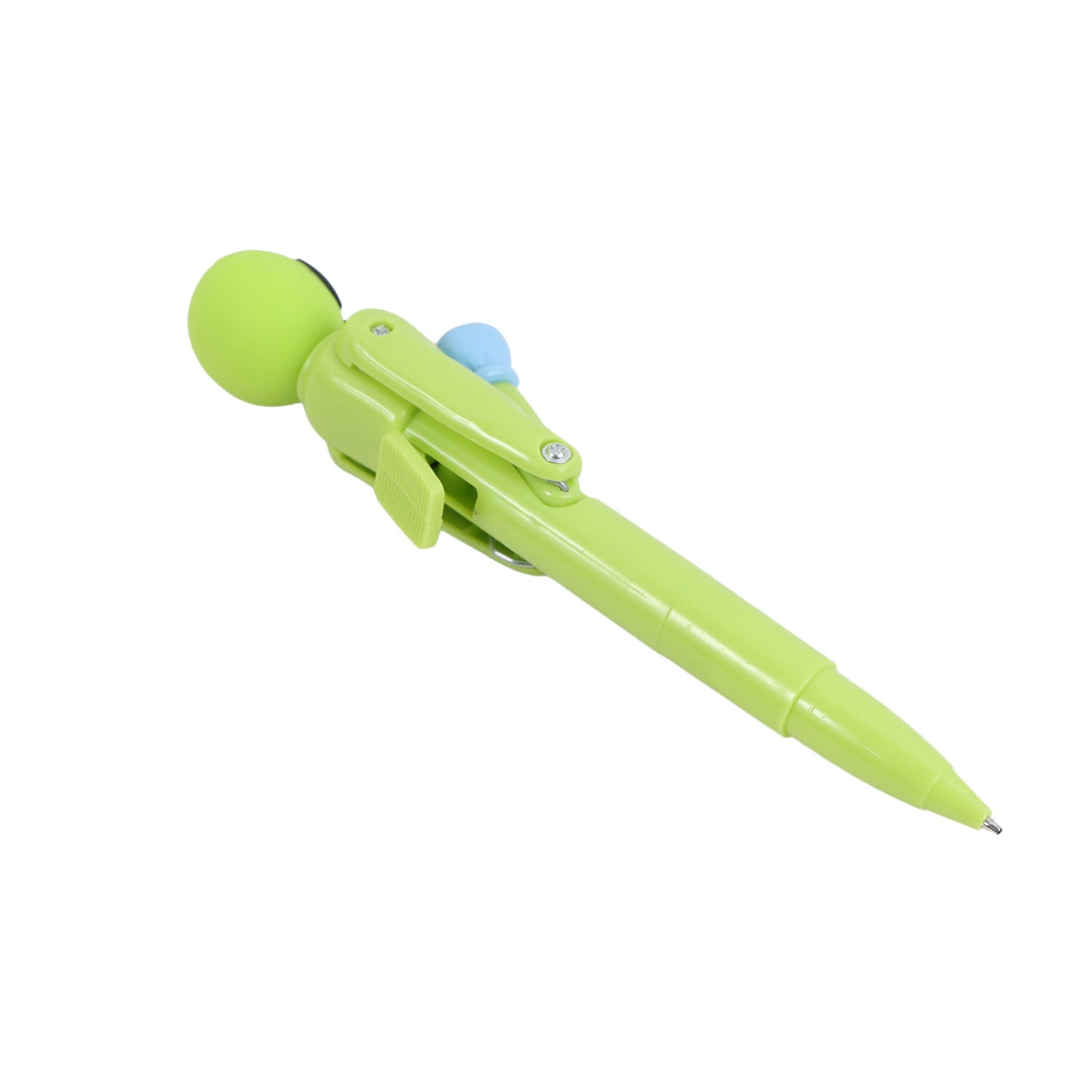 Alien novelty ballpoint pen with green body and clip near the blue refill cap