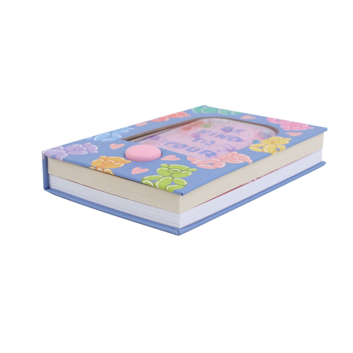 Mini hard-cover notebook closed with colorful cartoon graphic cover