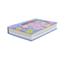 Mini hard-cover notebook closed with colorful cartoon graphic cover