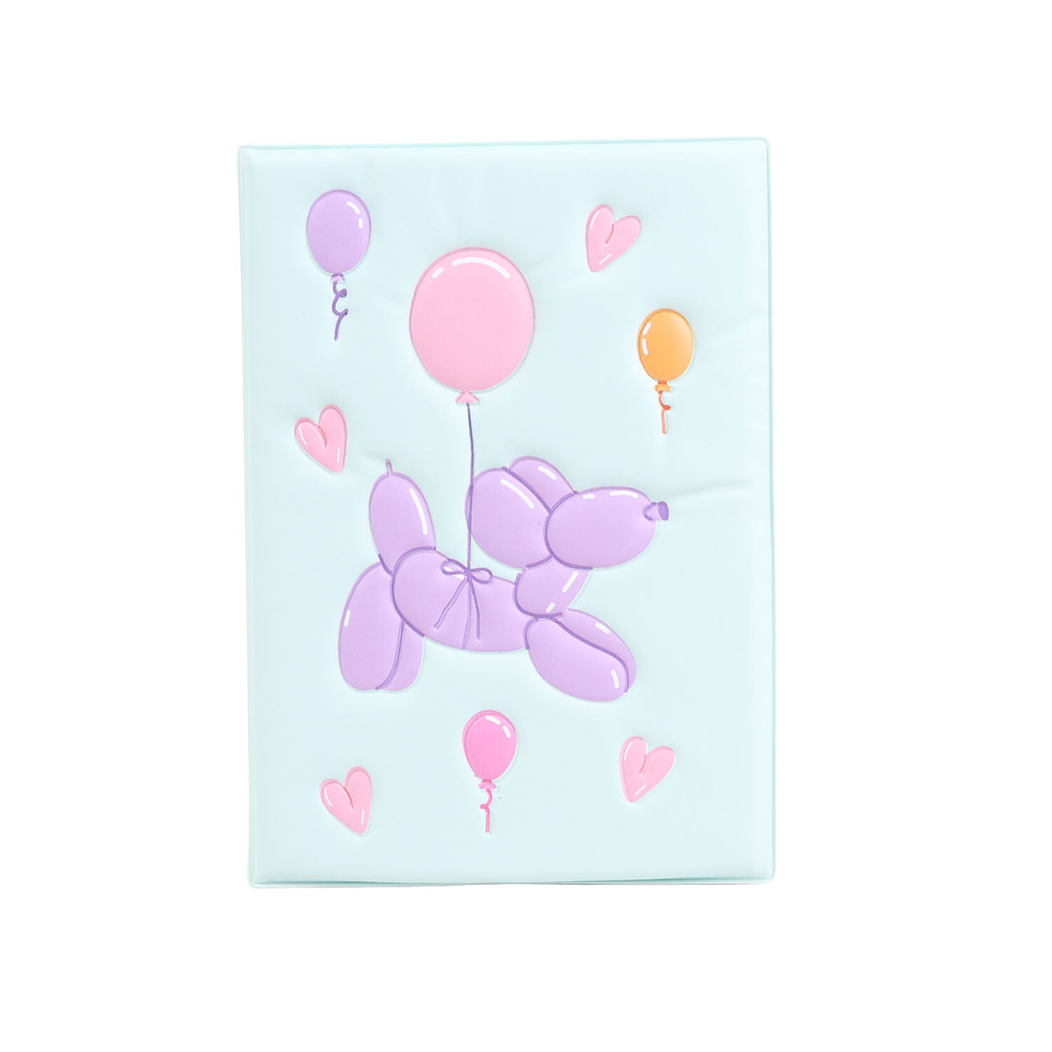 Light blue TPU notebook cover with purple balloon animal, pink balloons, and heart shapes