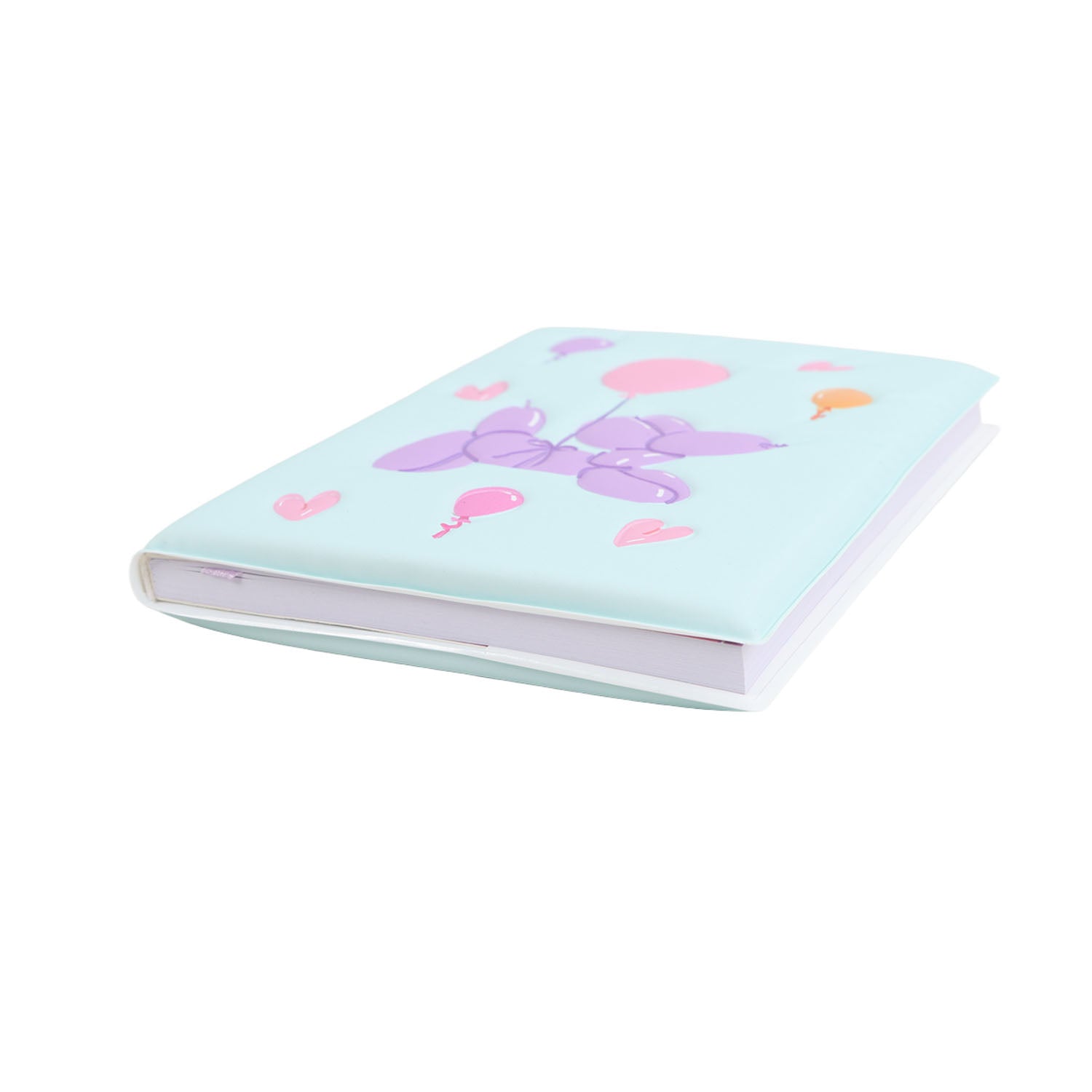 Light blue TPU hard-cover notebook with pink balloon and heart graphics on the cover