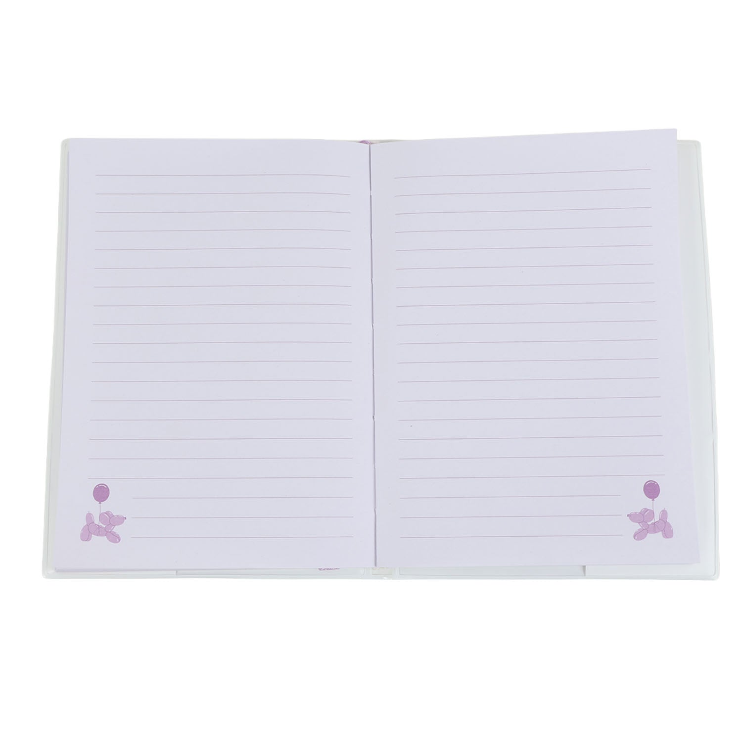 Open light blue notebook with purple ruled pages and small balloon icons near corners