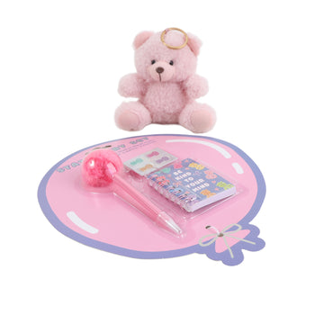 Pink plush bear keychain with notebook, pen and stickers set