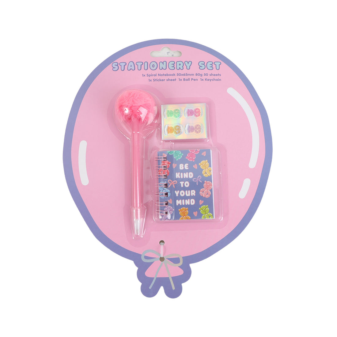 Pink stationery blister pack with notebook, pen and decorative items