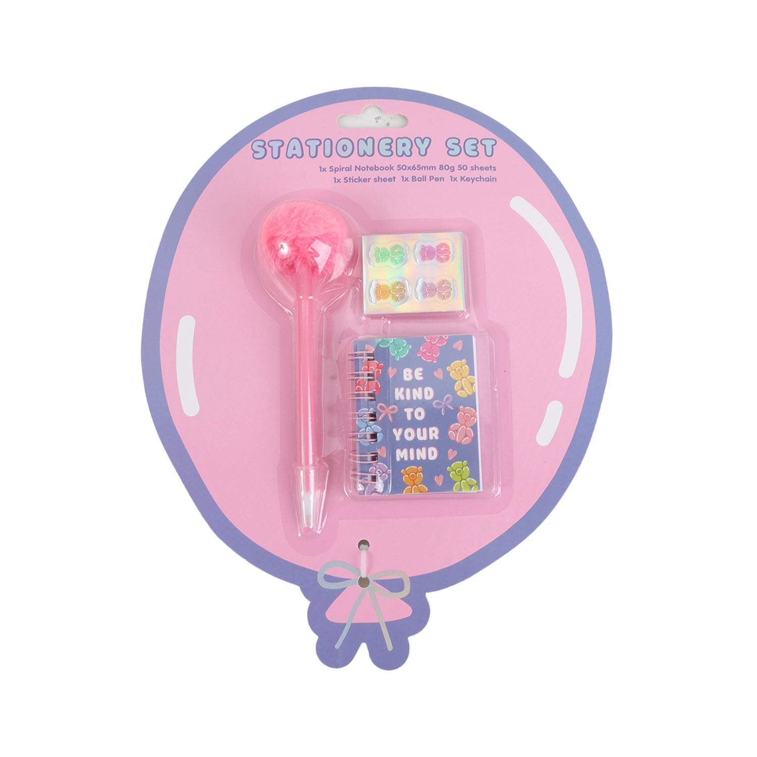 Pink stationery blister pack with notebook, pen and decorative items