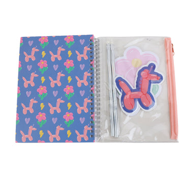 Spiral notebook set: blue floral cover open, clear pouch with sticker and pens