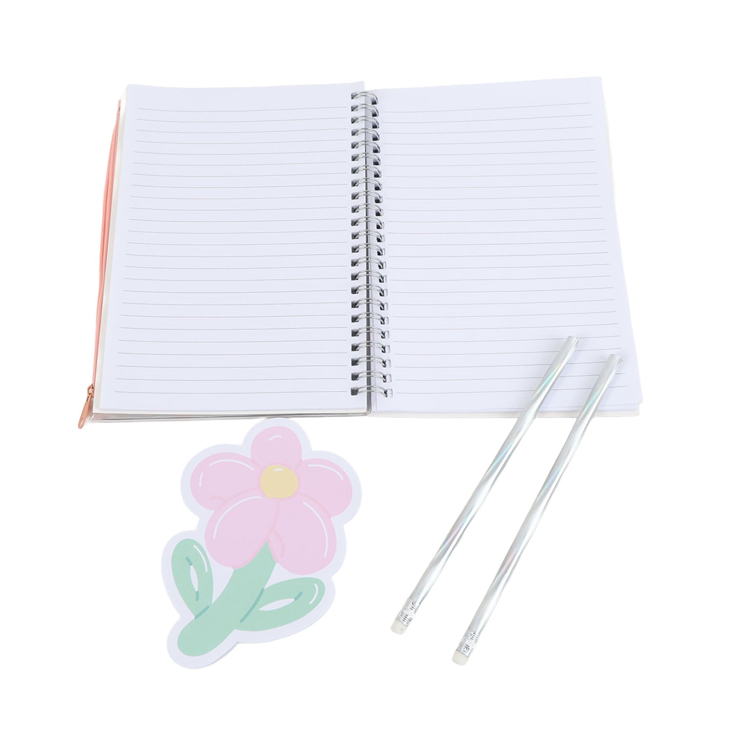 Spiral notebook set: open lined notebook with two pens and floral sticker, white pages