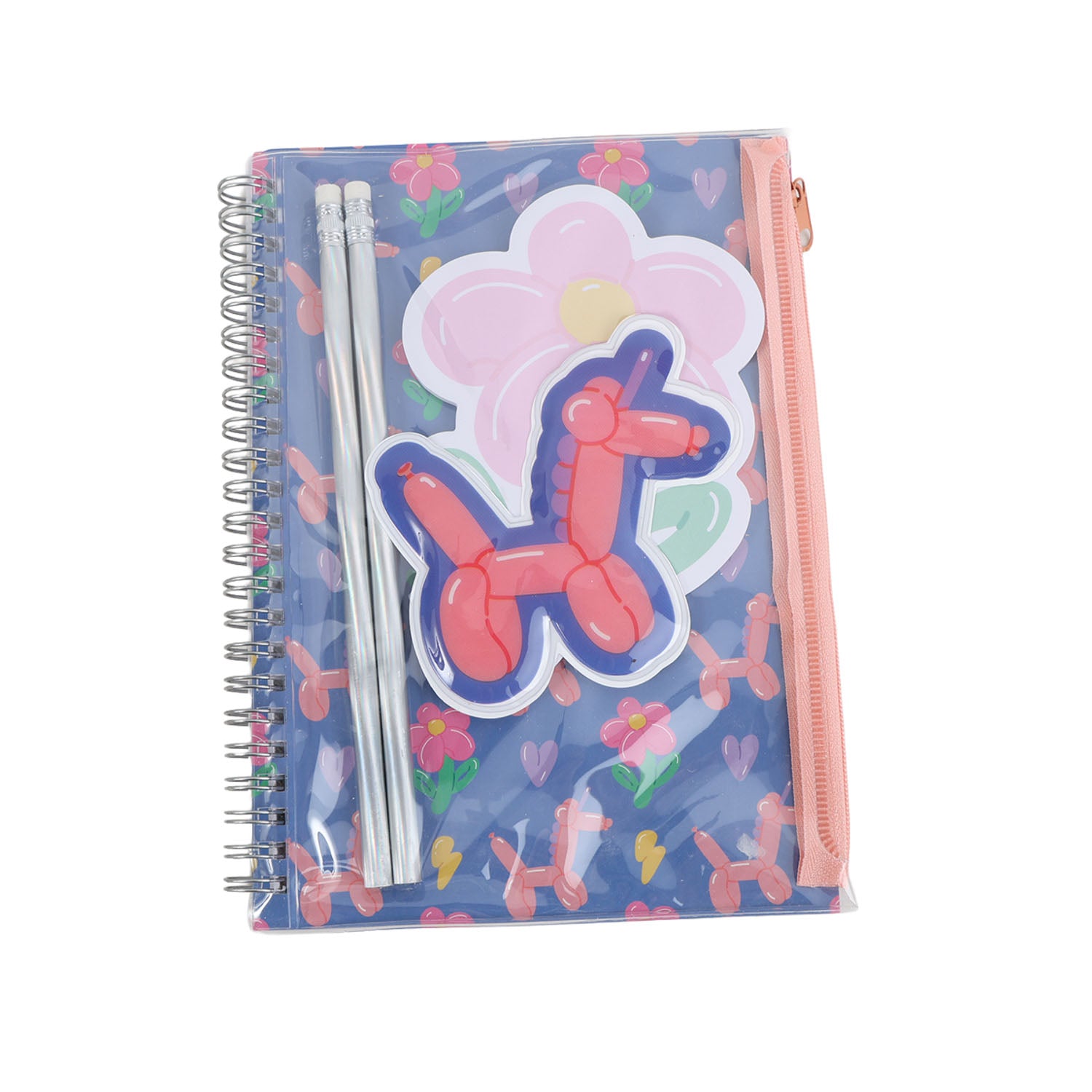 Spiral notebook set with blue patterned cover, pink zipper pouch, and gel pen inside