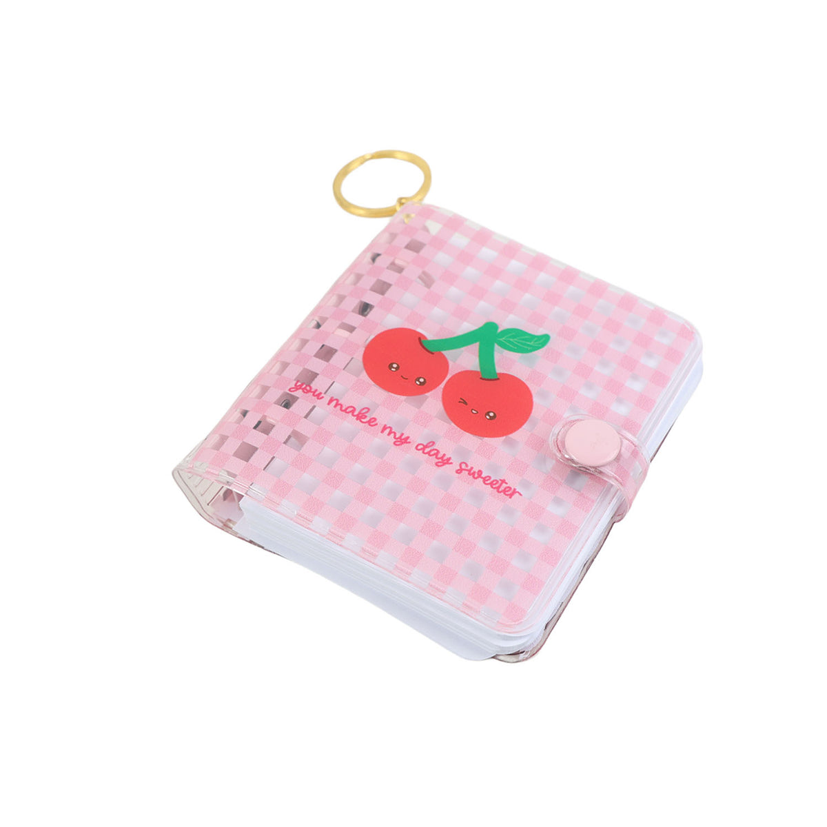 Pink checkered PVC notebook with cherry graphic, keychain ring, snap-closed cover