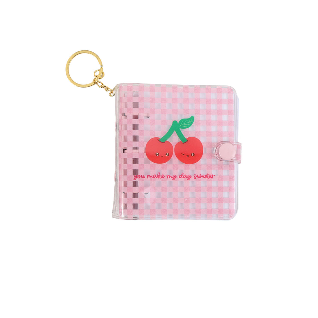 Pink PVC mini notebook with cherry graphic, keychain ring, transparent display pocket