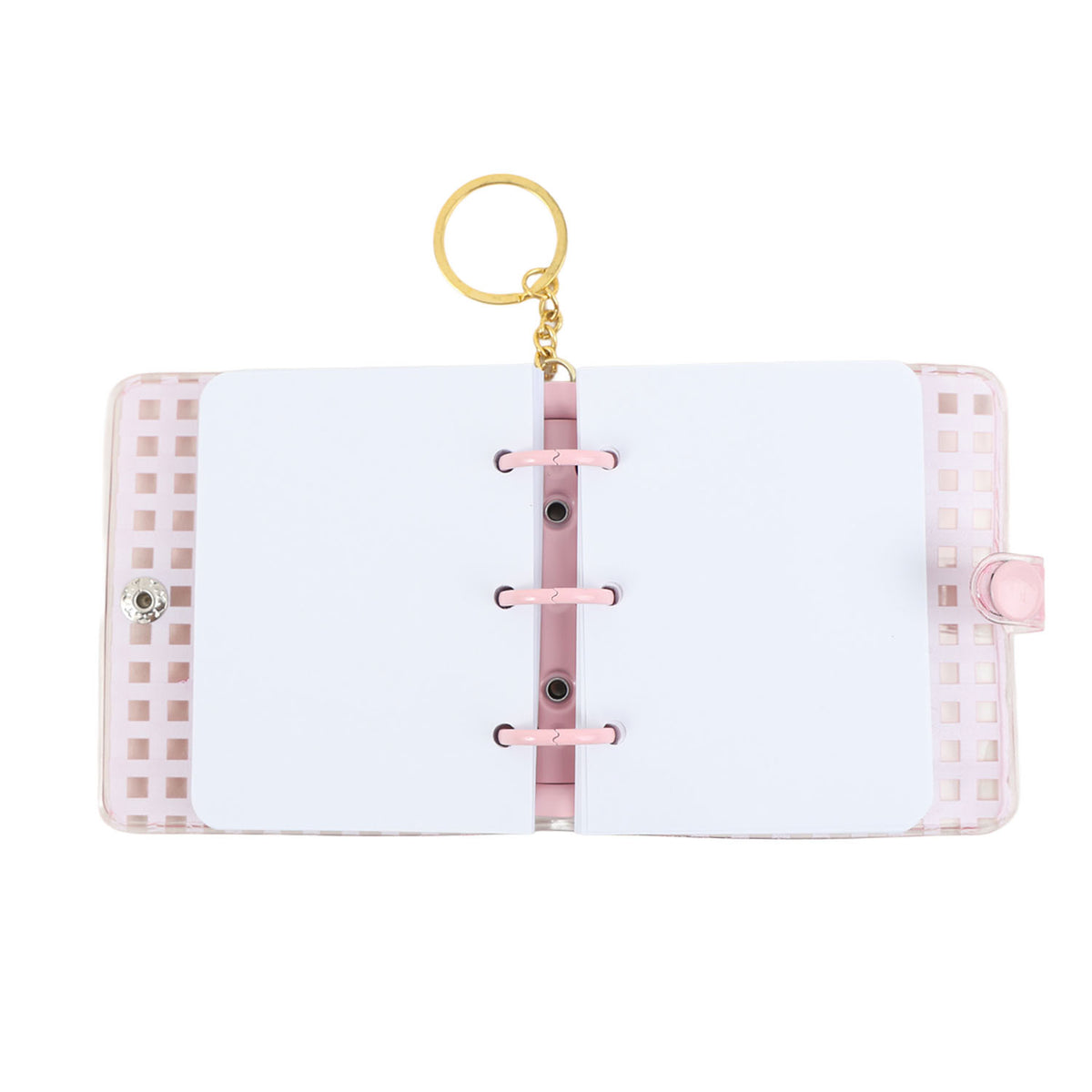 Open pink PVC notebook with white pages, 3-ring binder, transparent side display pocket