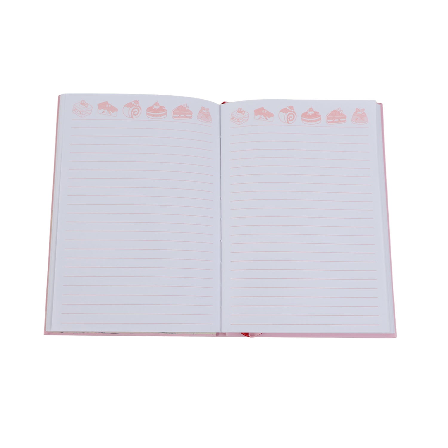 A5 hard-cover notebook opened to lined pages with a decorative top border