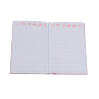 A5 hard-cover notebook opened to lined pages with a decorative top border