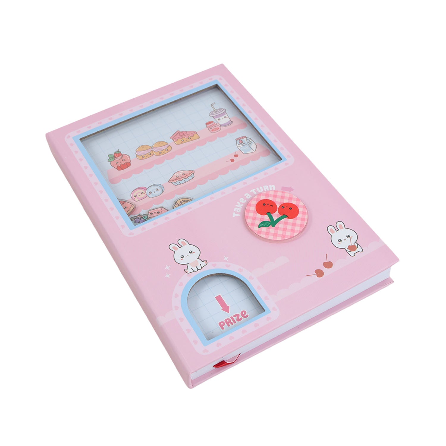 A5 hard-cover notebook pink cover with prize window and bunny-themed game icons