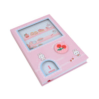 A5 hard-cover notebook pink cover with prize window and bunny-themed game icons