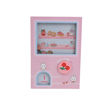 A5 hard-cover notebook with pink cover, bunnies, and colorful game graphics