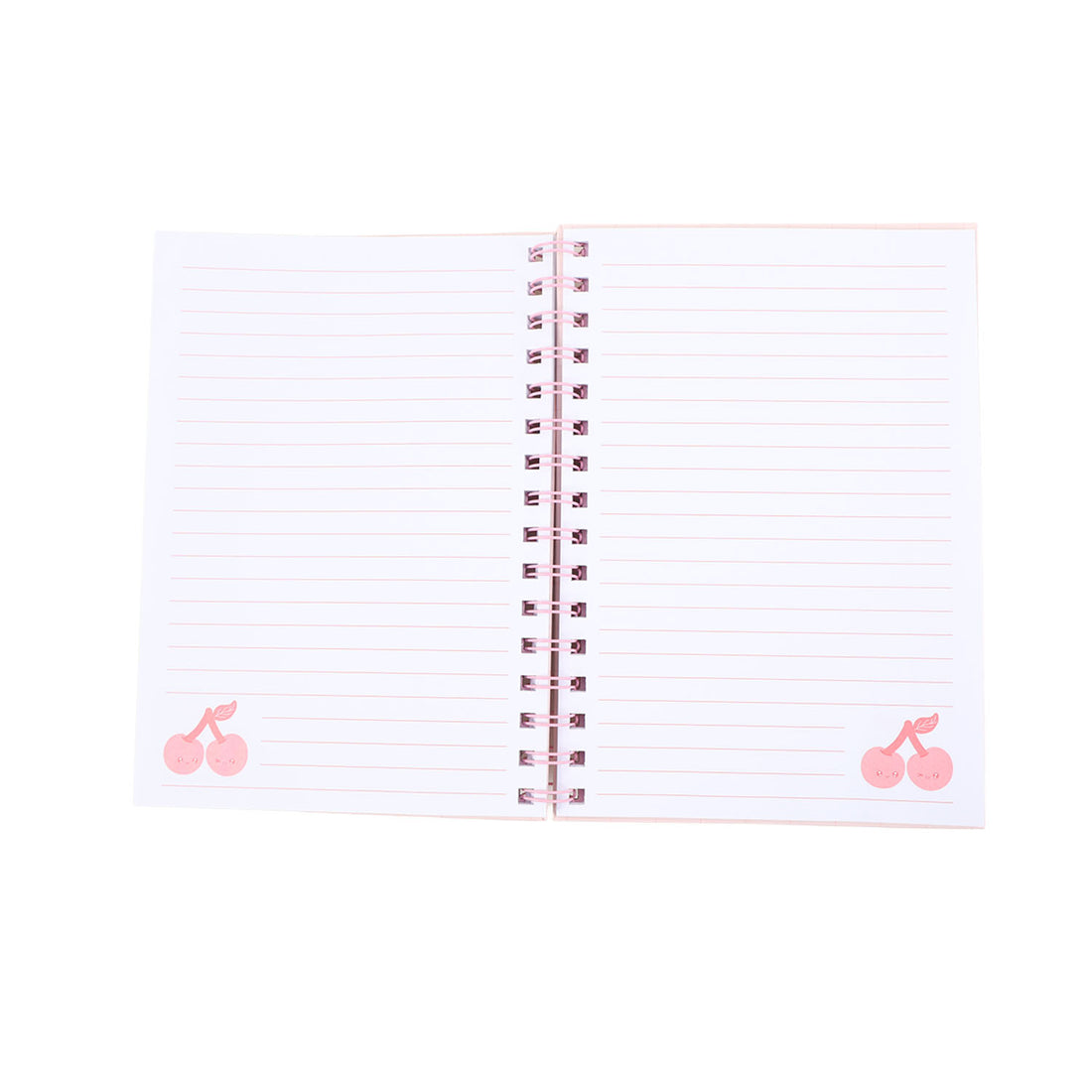 A5 spiral notebook open flat with pink ruled pages and centered ring binding