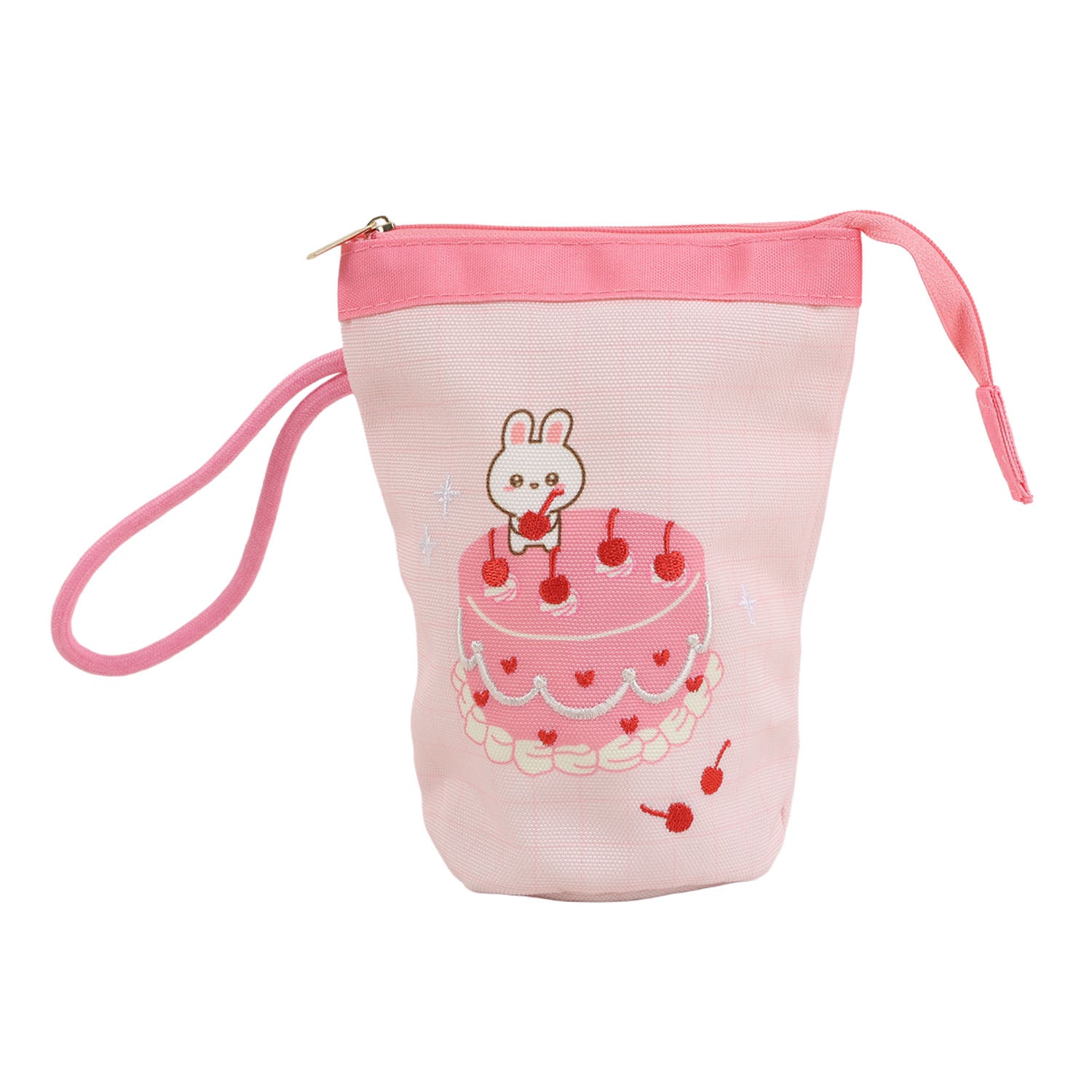 Pink canvas pencil case pouch with zipper and wrist strap, bunny on cherries cake print.