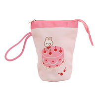 Pink canvas pencil case pouch with zipper and wrist strap, bunny on cherries cake print.