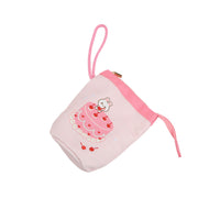 Small pink canvas pencil case pouch with zipper, bunny-cherries graphic, loop handle.