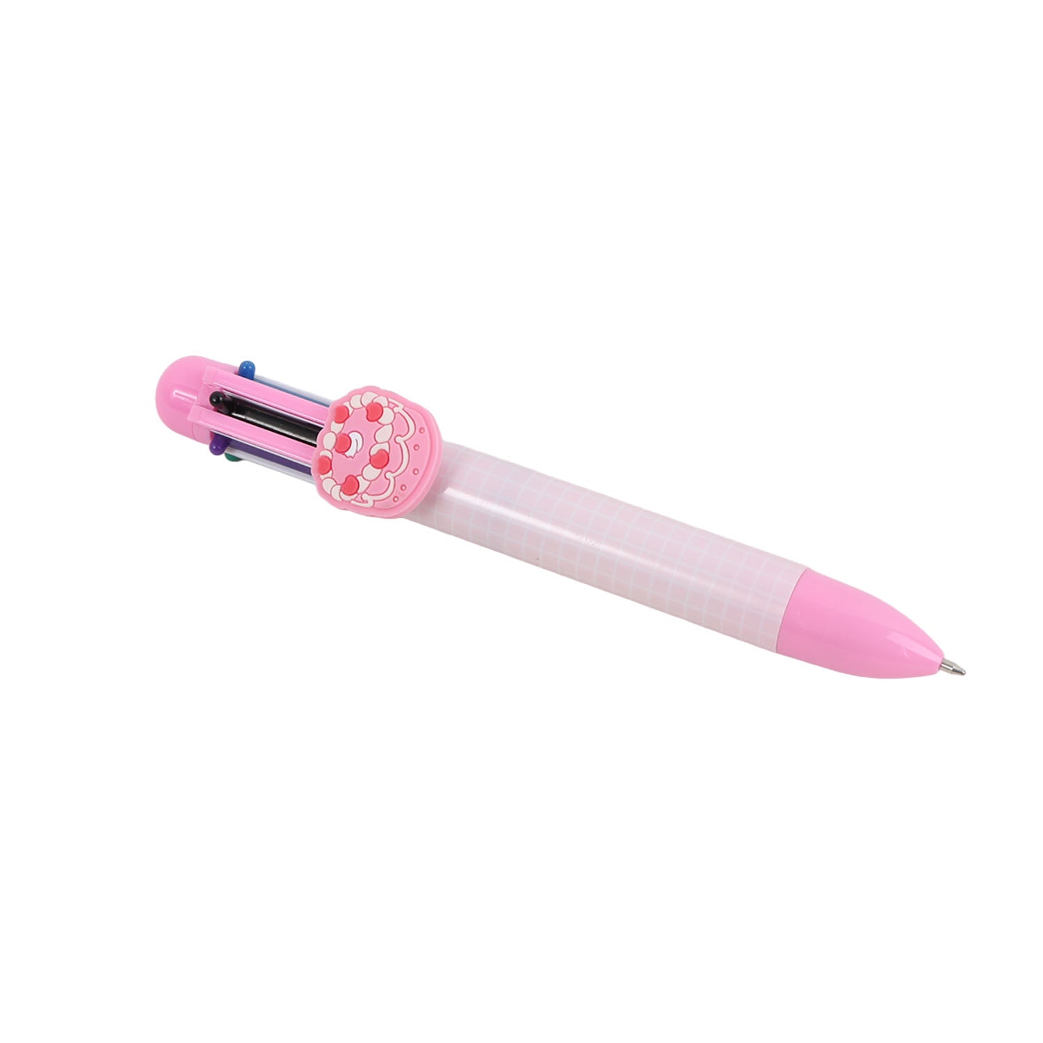 Six-color ballpoint pen with pink checkered barrel and multi-ink tip