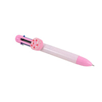 Six-color ballpoint pen with pink checkered barrel and multi-ink tip