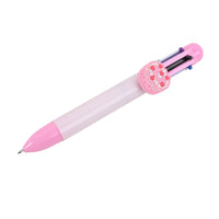 Six-color ballpoint pen with pink checkered barrel and refill head exposed