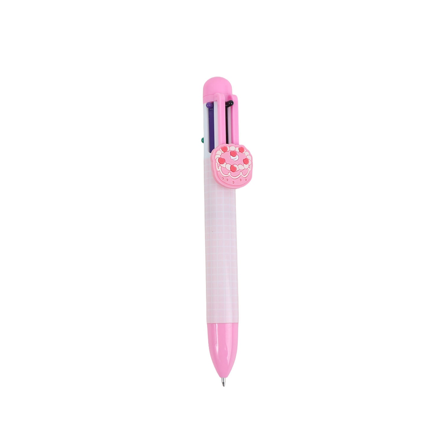 Six-color ballpoint pen with pink cap, front badge, and pointed tip