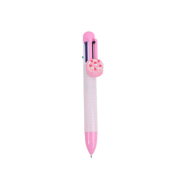 Six-color ballpoint pen with pink cap, front badge, and pointed tip
