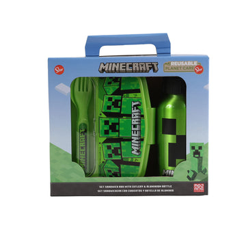 Minecraft reusable planet care gift box set with green lunchware and water bottle