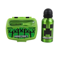 Minecraft green lunch box with black lid and matching green water bottle