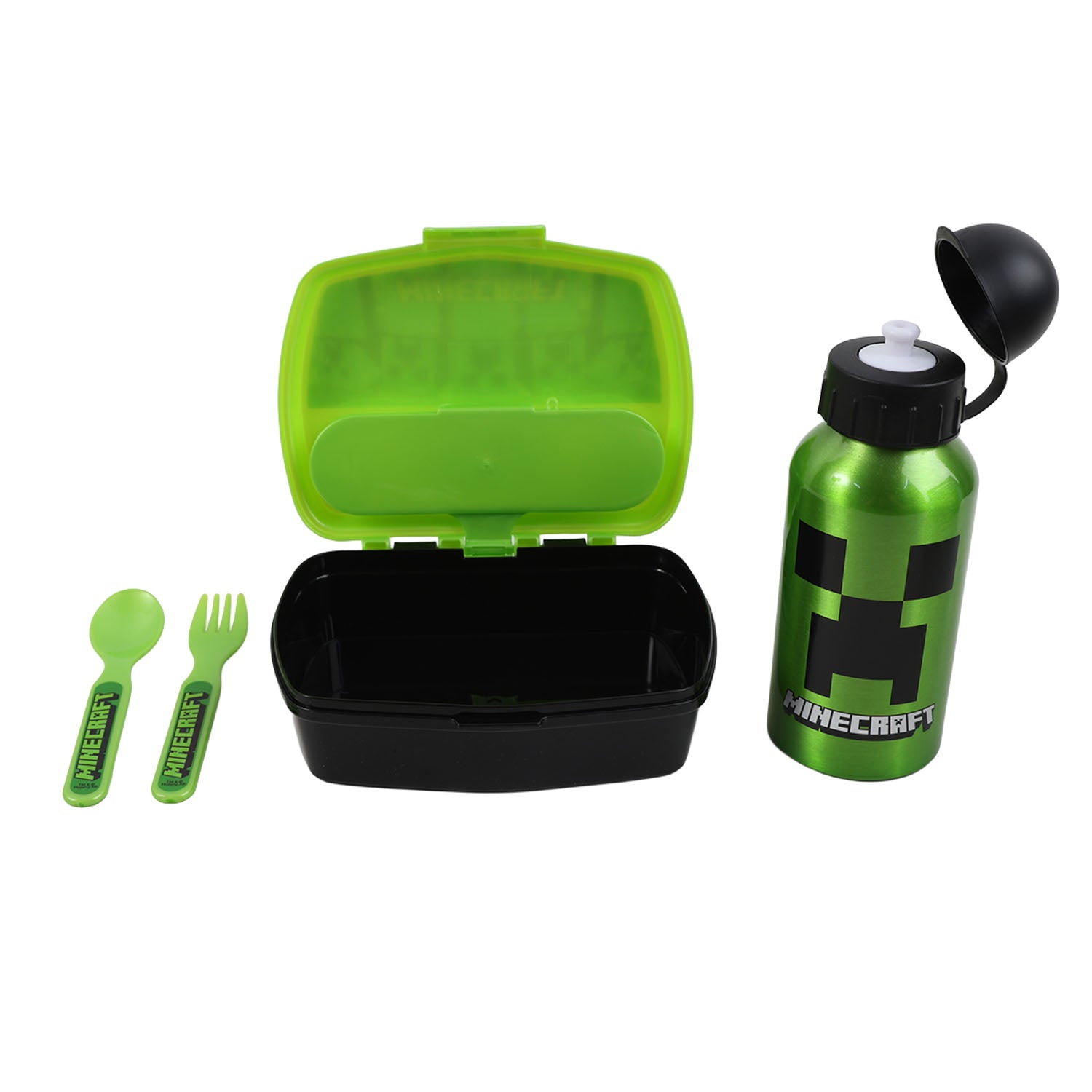 Minecraft green lunch box set with black base, fork, spoon, and water bottle