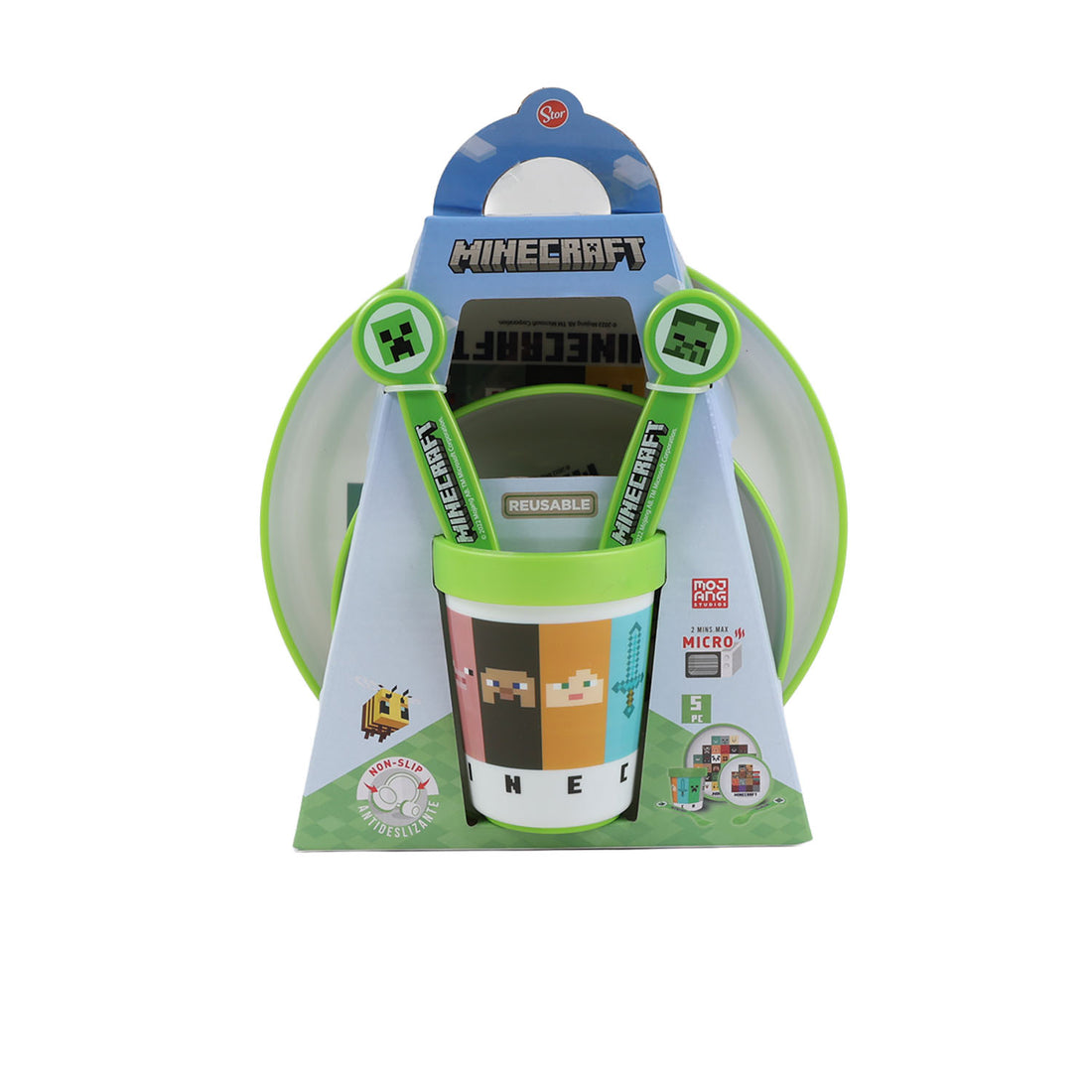 Two-tone Minecraft dining set in retail box, with utensils and cup shown