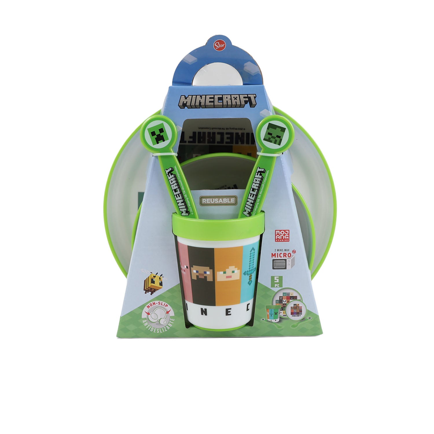Two-tone Minecraft dining set in retail box, with utensils and cup shown