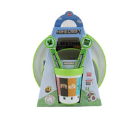 Two-tone Minecraft dining set in retail box, with utensils and cup shown