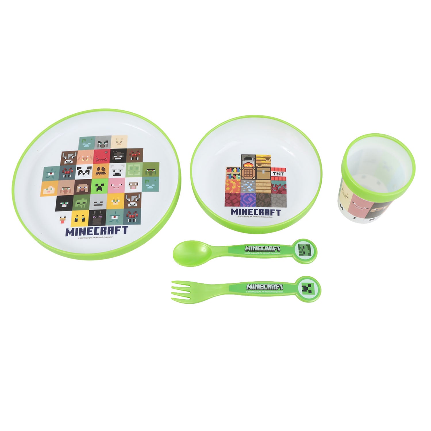 Two-tone Minecraft dining set: plate, bowl, cup, fork and spoon