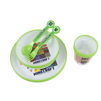 Two-tone Minecraft place setting with plate, fork, spoon, and small cup