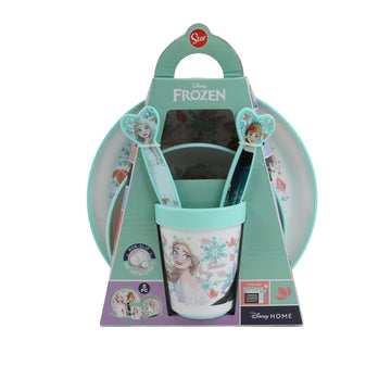 Frozen-themed dining set gift box with character cup, tray, plates, and utensils